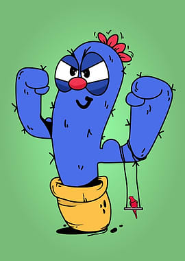Cartoon Cactus with Bird on Swing