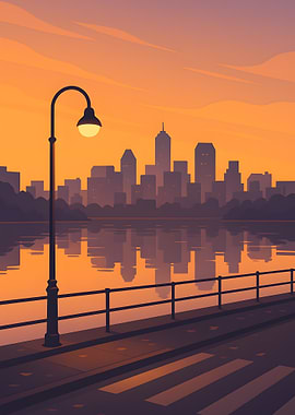 Cityscape at Sunset with Lamp Post