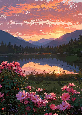 Sunset Lake with Flowers