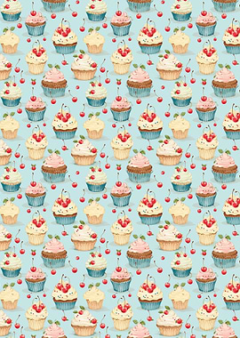 Cupcake and Cherry Pattern on Blue
