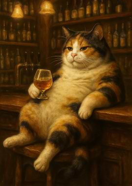 Calico Cat Drinking at the Bar