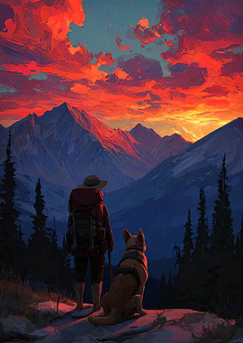 Hiker and Dog at Sunset Mountains