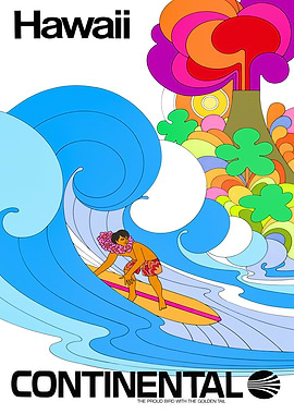 Hawaii Continental Surfing Retro Poster