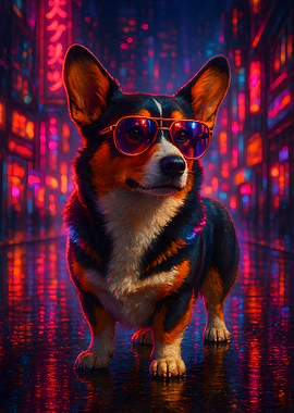 Neon Nights: Tricolor Corgi in the City
