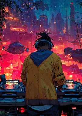 Cyberpunk DJ in Futuristic Cityscape