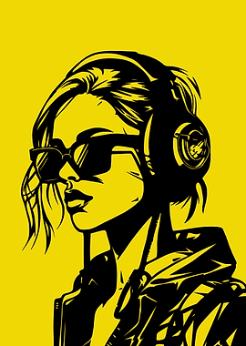Woman with Headphones in Black and Yellow