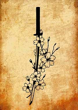 Katana and Cherry Blossoms Art