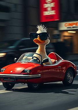 Duck driving a red convertible car