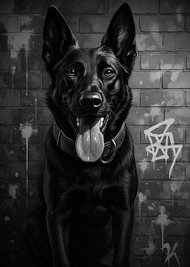 Black Dog Portrait with Graffiti Backdrop