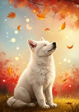 White Puppy in Autumn Leaves
