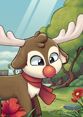 Cartoon Reindeer with Red Scarf and Nose