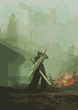 Cloud Strife in a desolate landscape