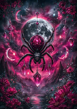 Spider with Jewels in Pink Landscape