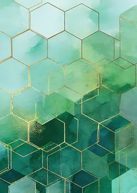 Green Watercolor Hexagon Pattern with Gold Lines