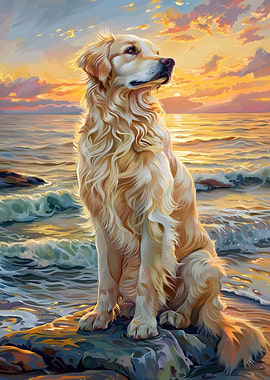 Golden Retriever at Sunset Seascape Painting