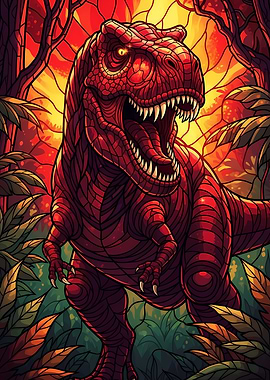 Red T-Rex in Jungle Illustration