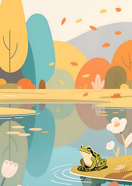 Frog in Pond with Autumn Trees