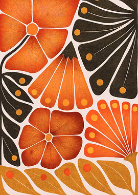 Mid-Century Floral Pattern in Orange and Black