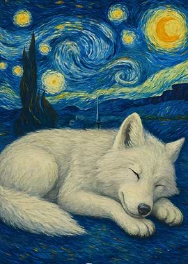 Sleeping Wolf in Starry Night