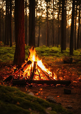 Campfire in the Woods at Night