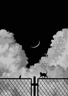 Cats on Fence Under Crescent Moon