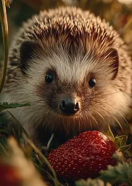 Hedgehog and Strawberry Close-Up