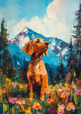 Dachshund in Mountain Landscape Painting | Playful Mountain Dog Poster