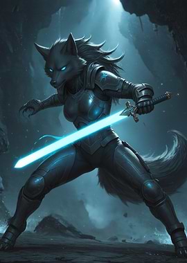 Wolfen Female Warrioress with Glowing Sword