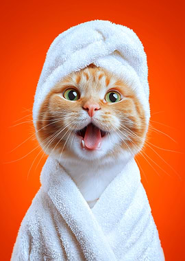 Cat in Spa Towel and Robe