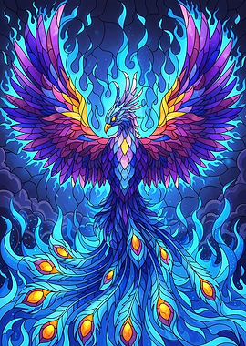 Colorful Phoenix with Blue Flames