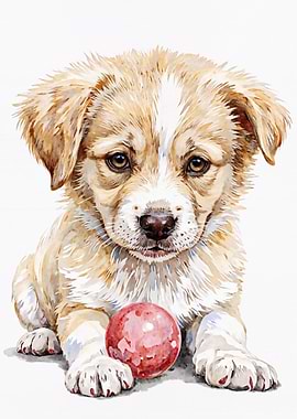 Watercolor Puppy with Ball