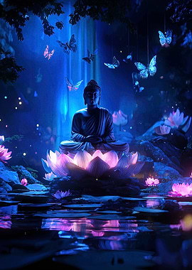 Buddha on Lotus with Butterflies