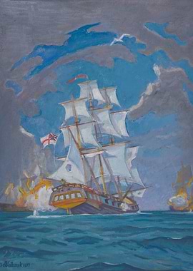 Naval Battle Painting with Sailing Ships