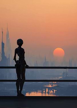 Robot Gazing at Futuristic City Sunset