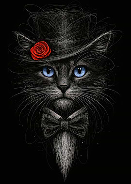 Elegant Cat Portrait with Hat and Bowtie