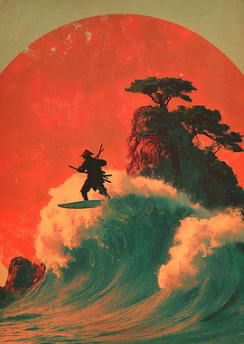 Samurai Surfer on a Wave