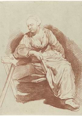 Seated Woman Drawing in Red Chalk