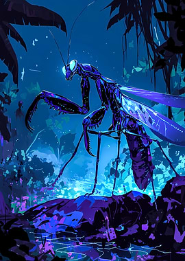 Giant Mantis in a Blue Jungle