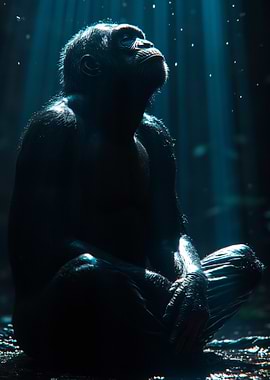 Chimpanzee Gazing Upwards in Blue Light