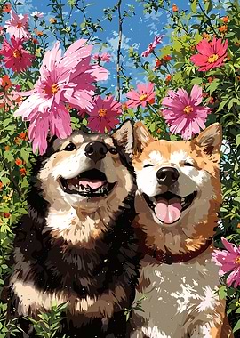 Two Happy Dogs in Flower Garden