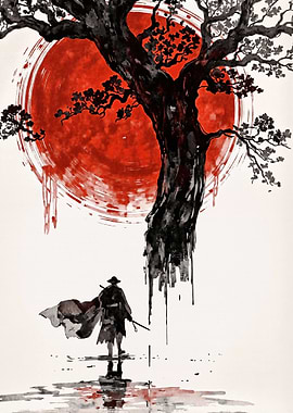 Samurai under the tree with red sun