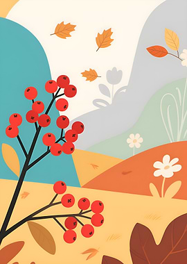 Autumn Landscape with Berries and Leaves