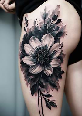 Floral Thigh Tattoo in Black and White
