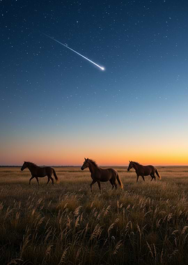 Horses under a shooting star