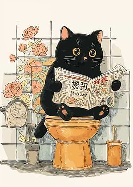 Cat Reading Newspaper on Toilet