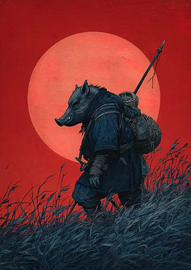 Boar Warrior Under Red Moon