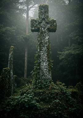 Moss-covered Celtic Cross in Foggy Forest