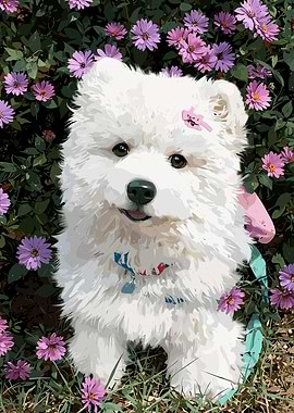 Cute White Dog in Flower Garden