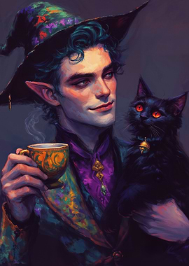 Elf Wizard with Black Cat and Tea