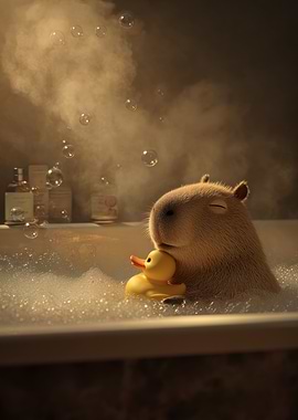Capybara and Duck in Bubble Bath